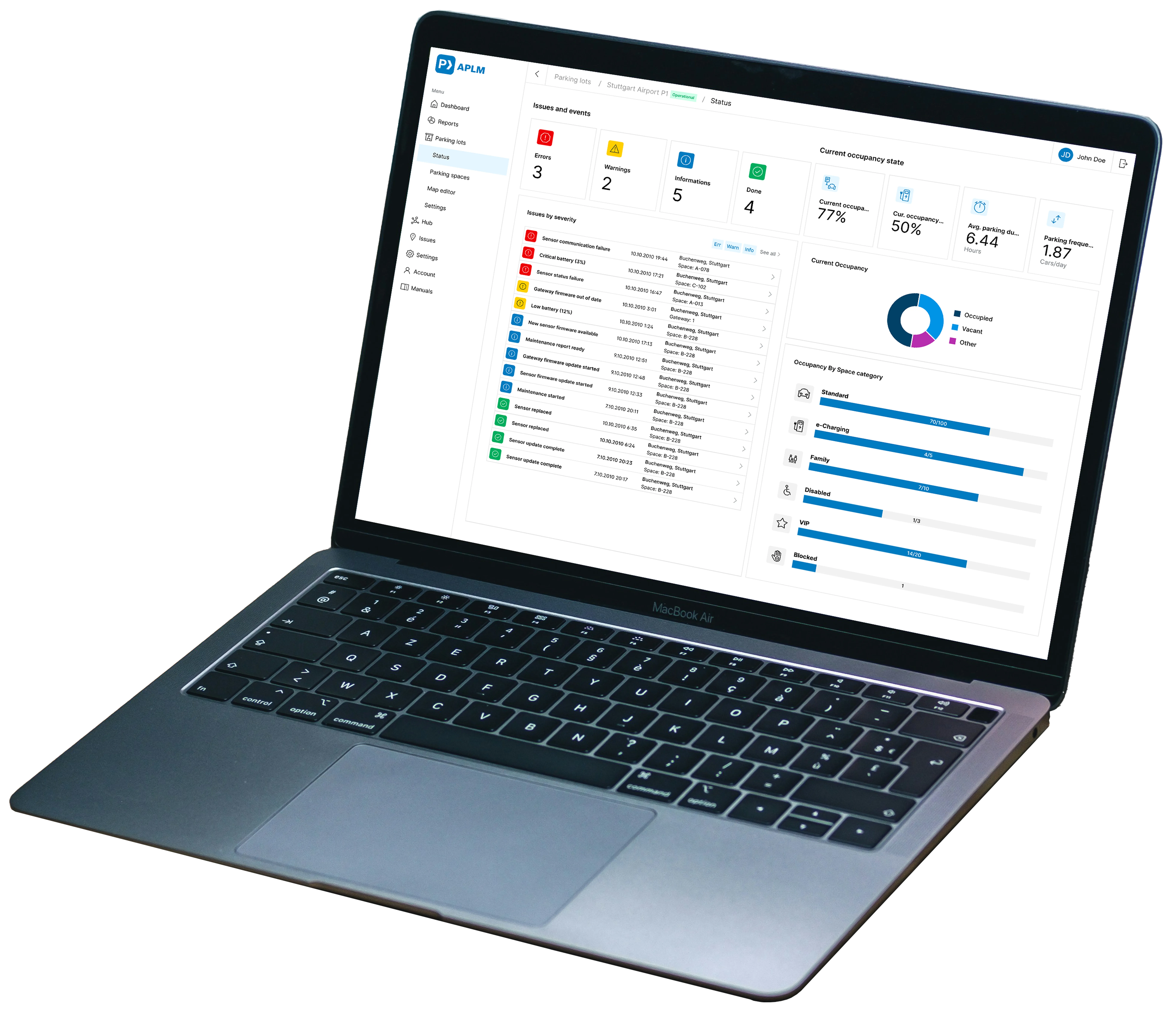 Bosch Active Parking Lot Management user interface is displayed on a laptop computer.