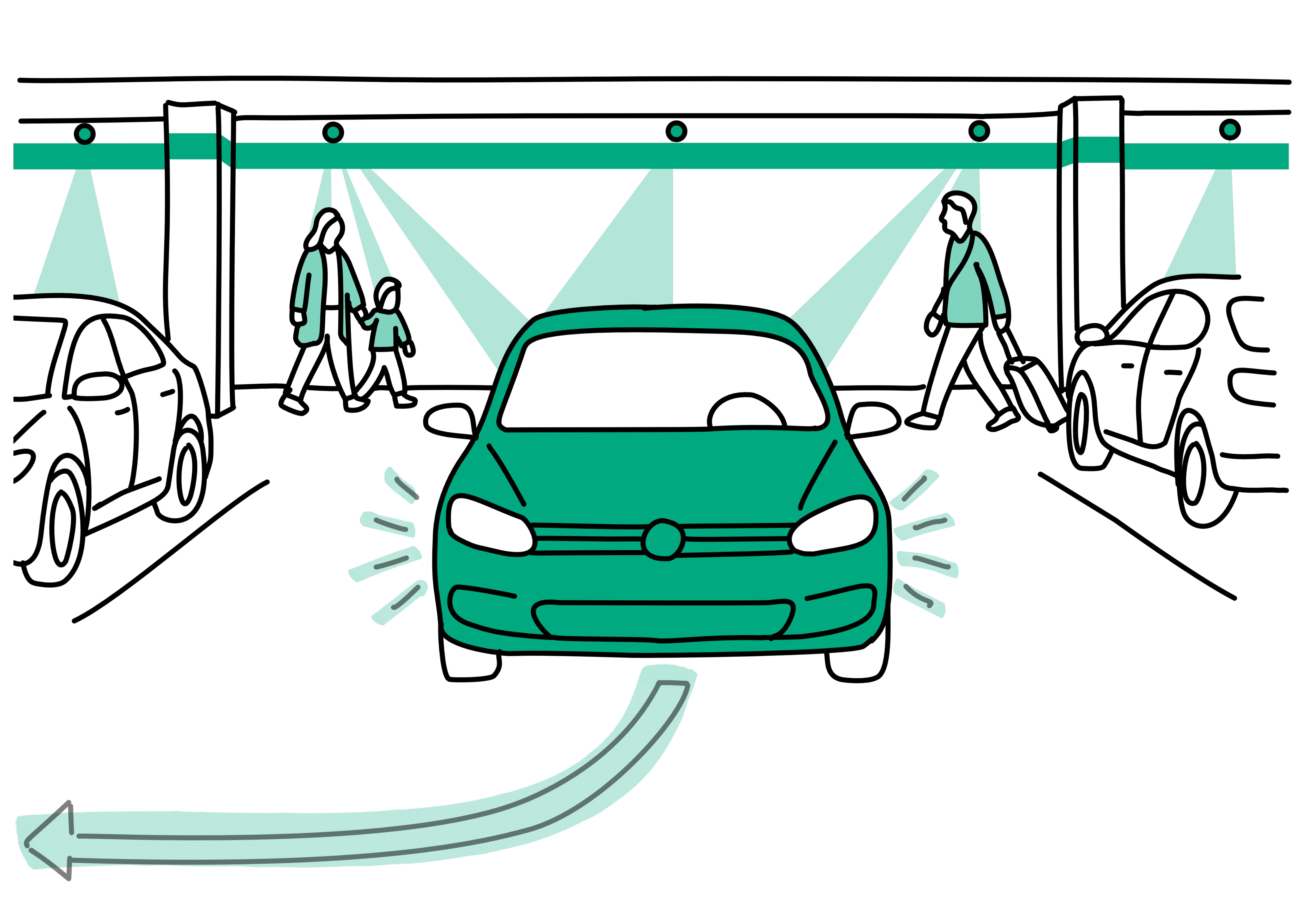 Illustration of a parking garage with a car that without a human driver.