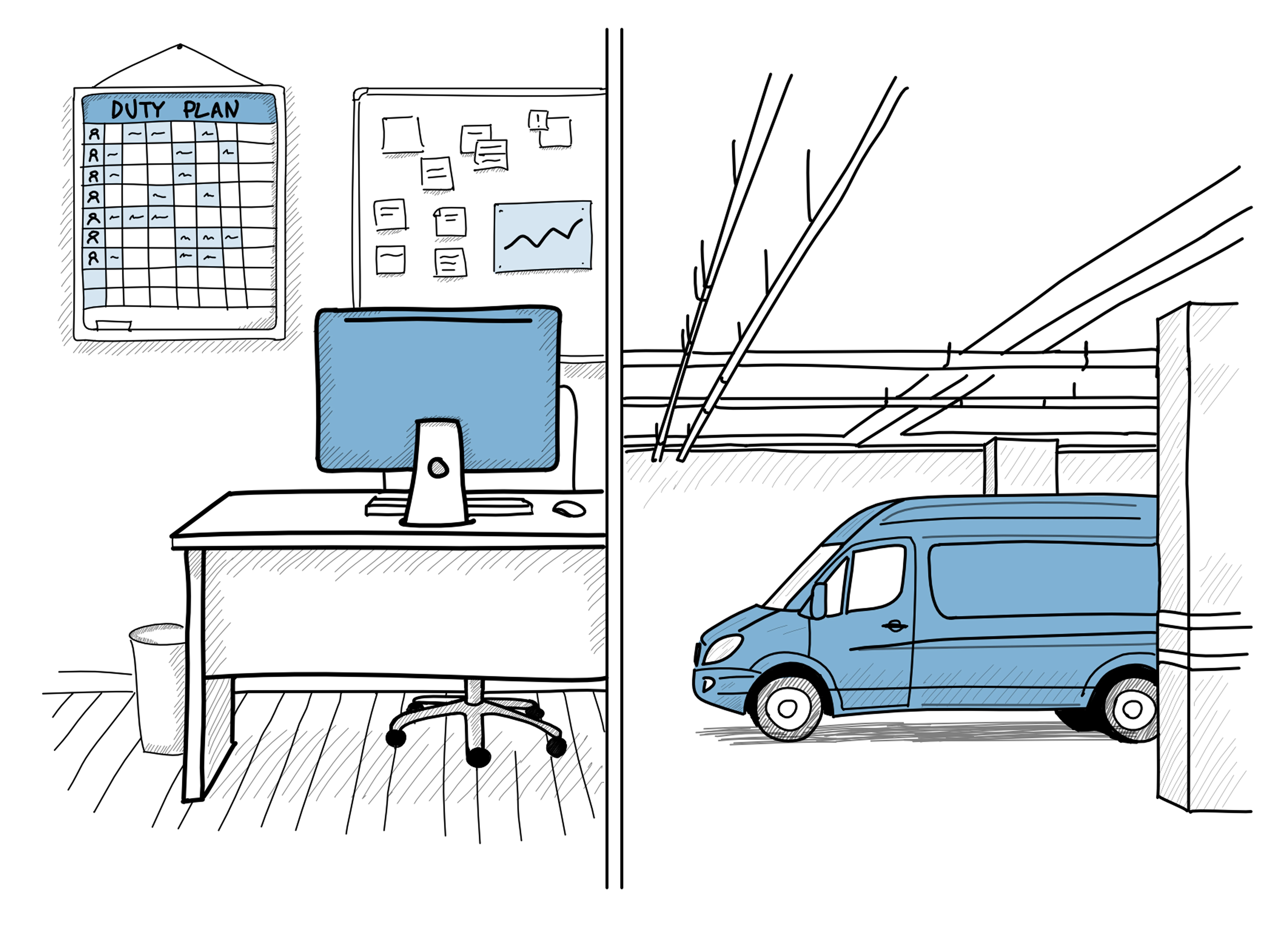 Illustration showing an office working place and a parking lot with a service technician van.