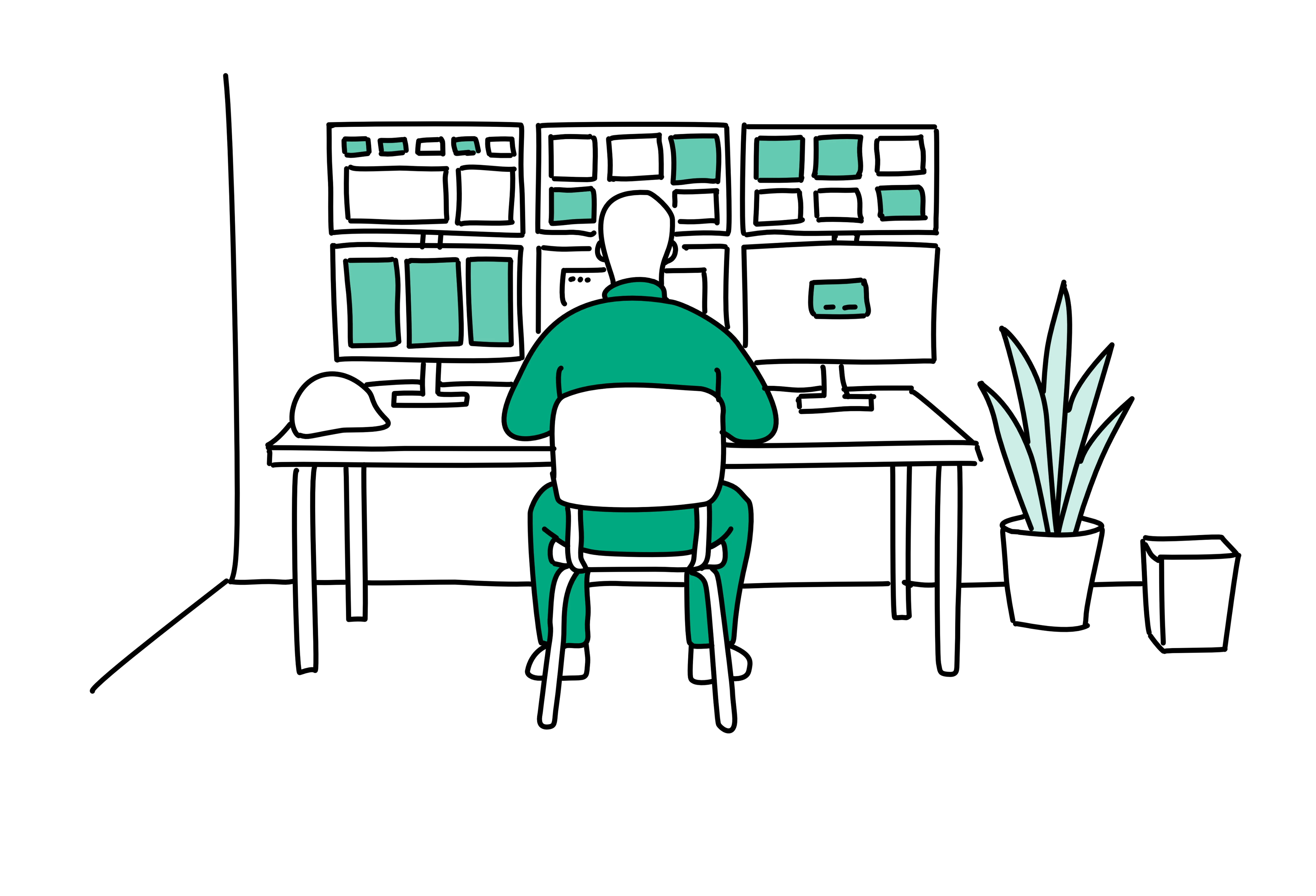 Illustration of an operator sitting in front of a wall of monitors.