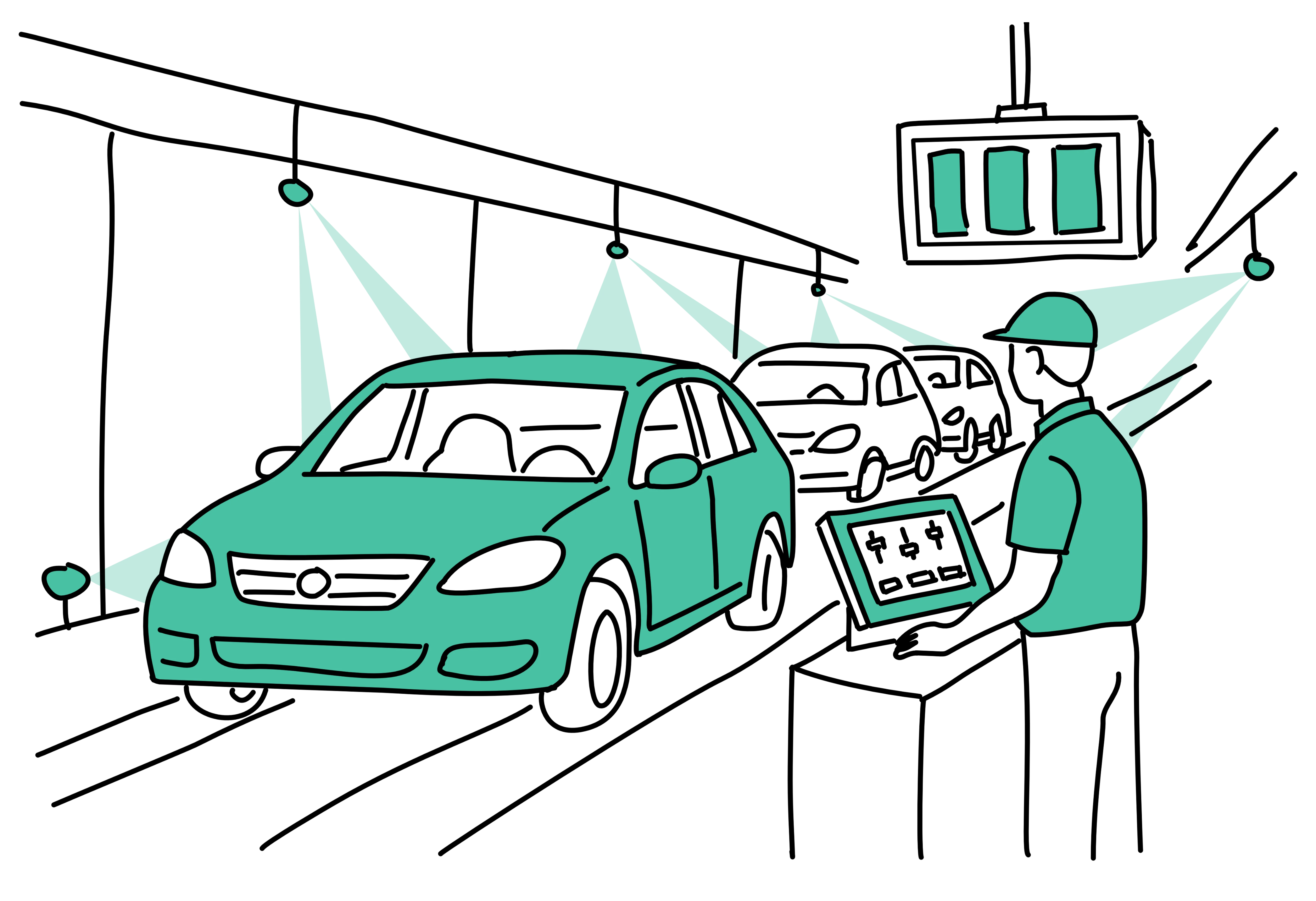 Illustration of a technician working in a car production plant.