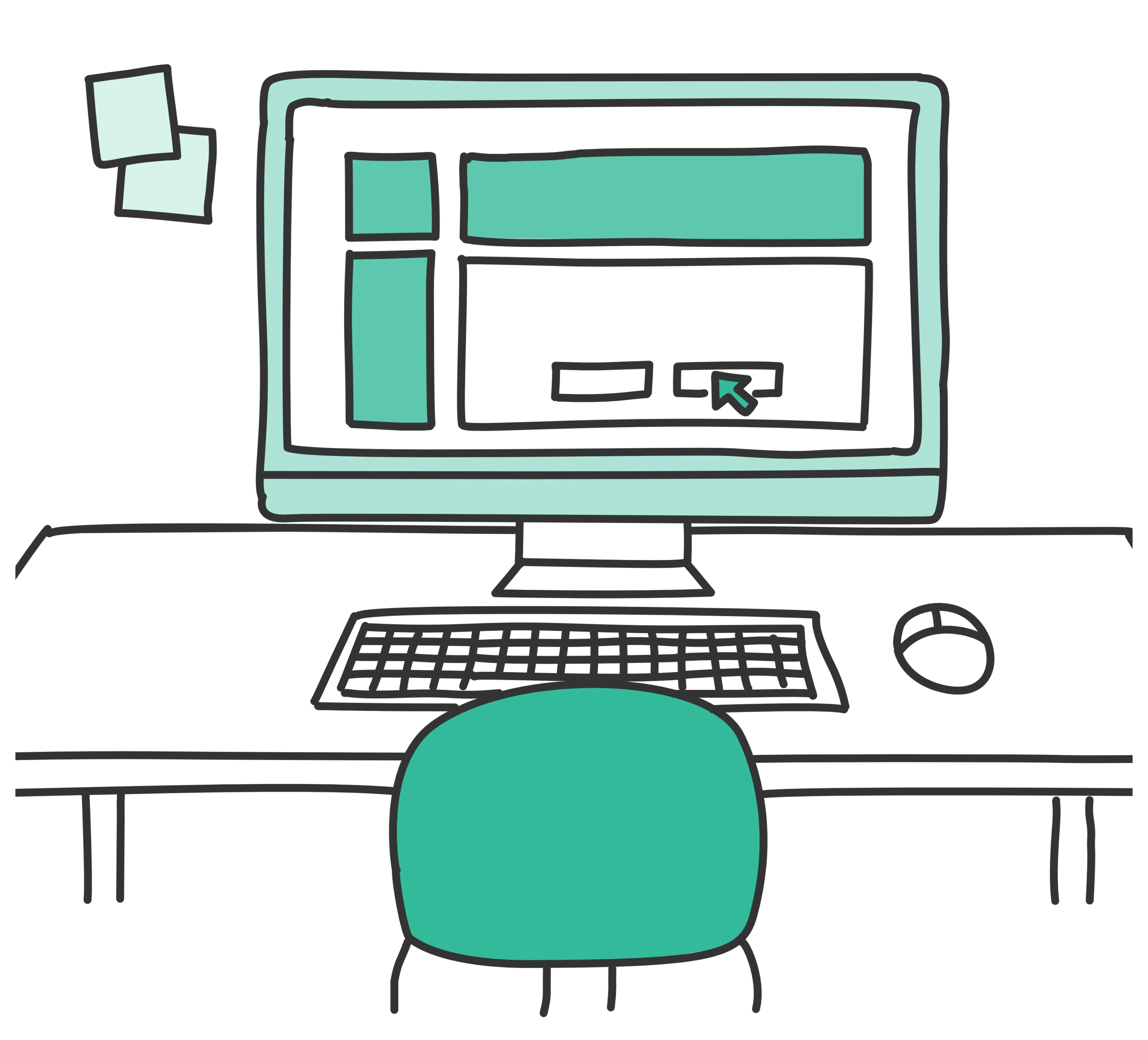 Illustration showing a desktop workplace with an interactive prototype displayed on the screen.