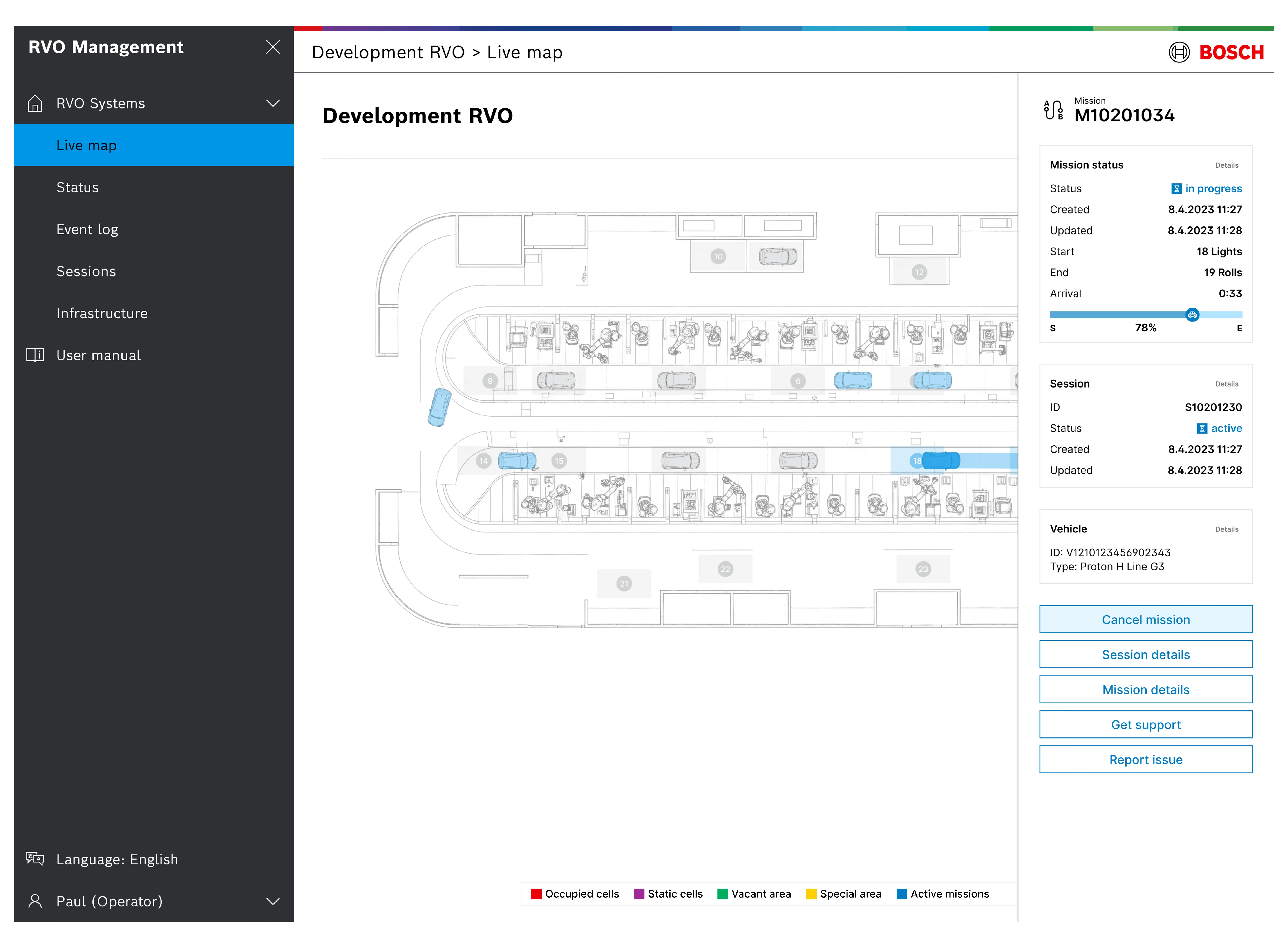 Screen showing production line with a controlled vehicle