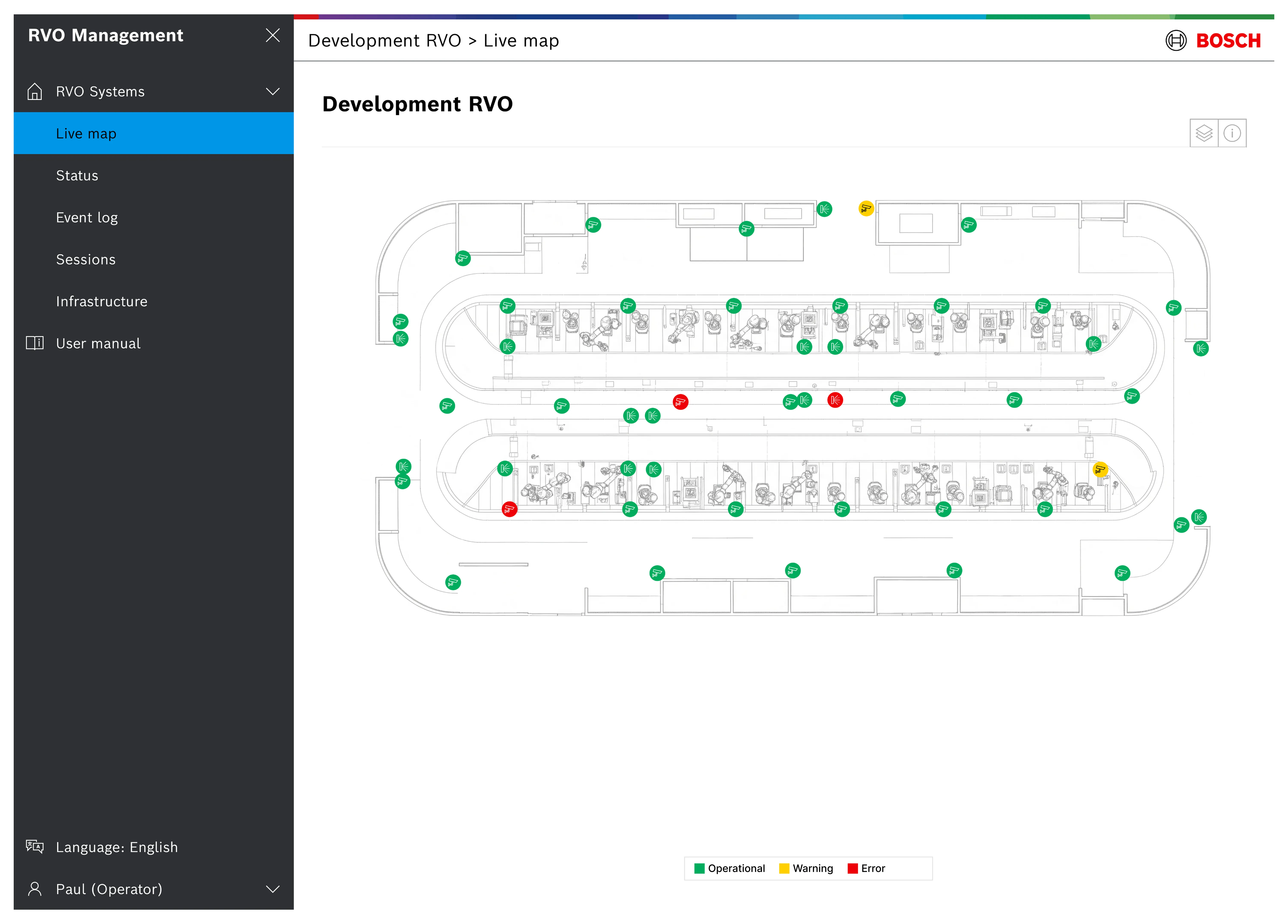 Screen showing infrastructure status and component location.