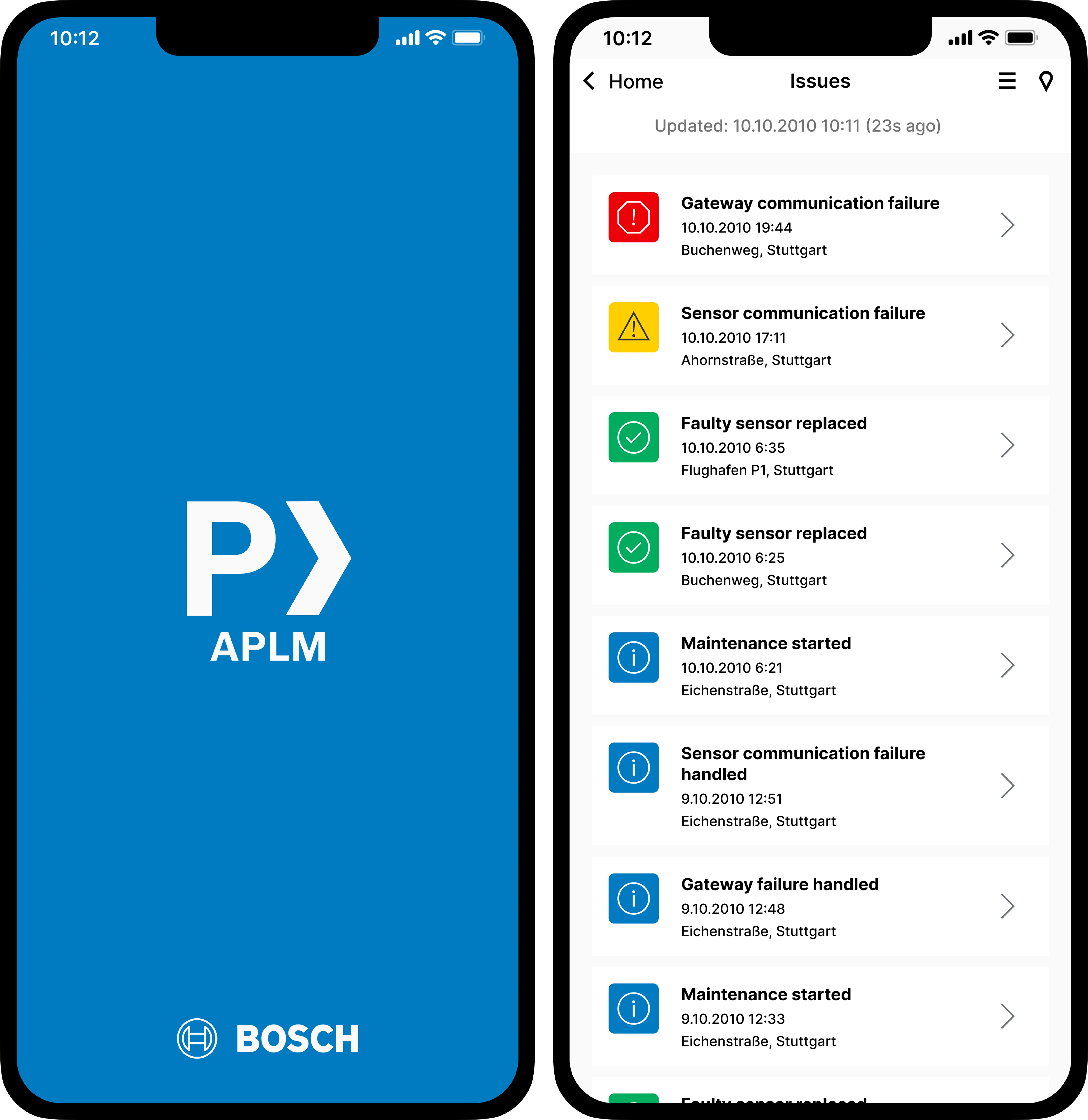 Two screens for mobile devices. Left screen shows the loading screen with app logo. Right screen shows a list of issues for a parking lot
