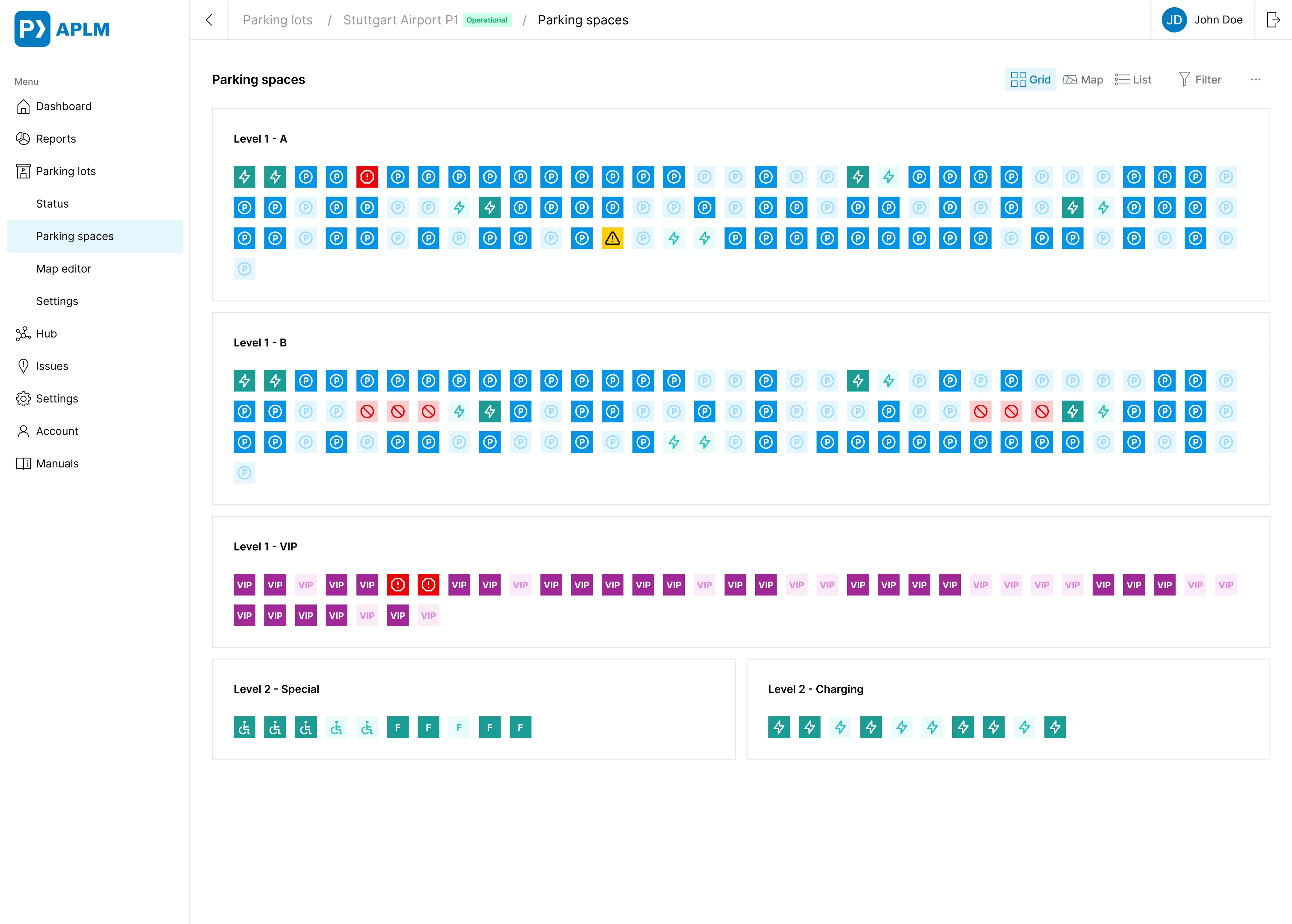 Parking spaces status screen with indicators for occupancy state, operational state and space category grouped by area.
