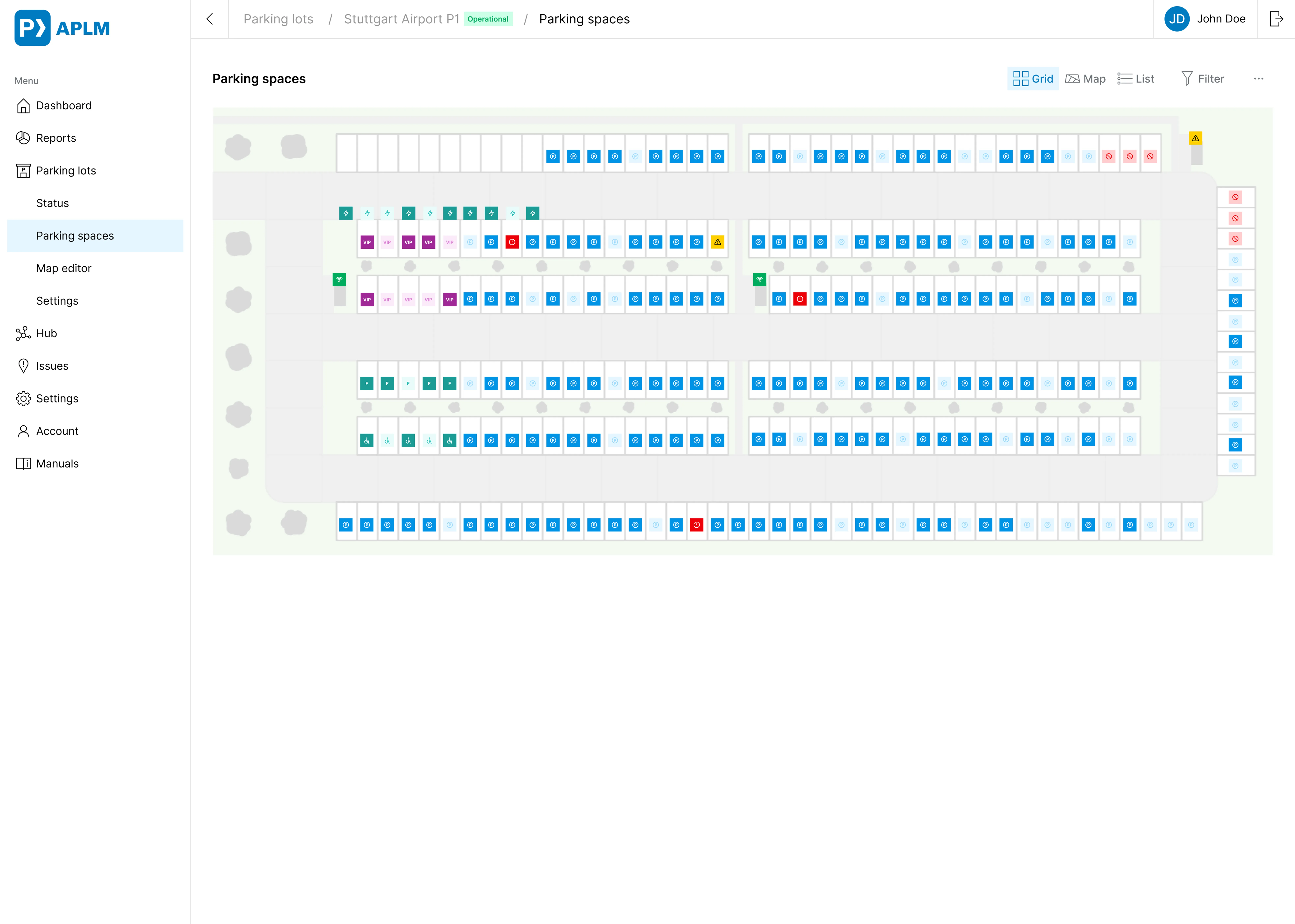 Screen visualization of a map showing a parking lot and markers for parking spaces indicating the status.