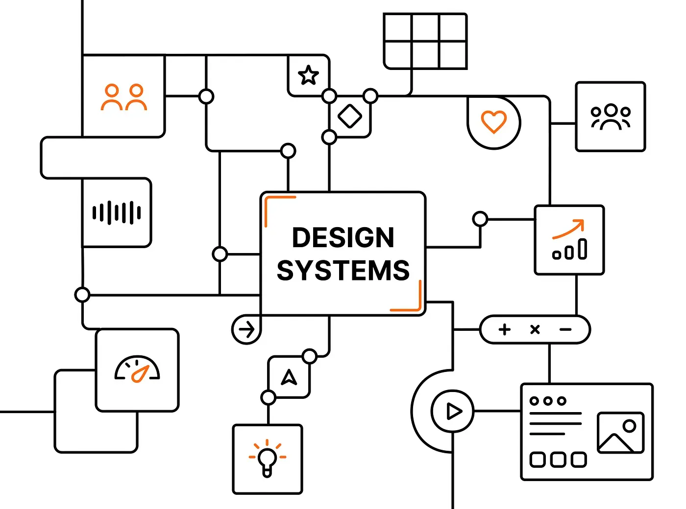 Abstract symbols related to design system content in black on white background.