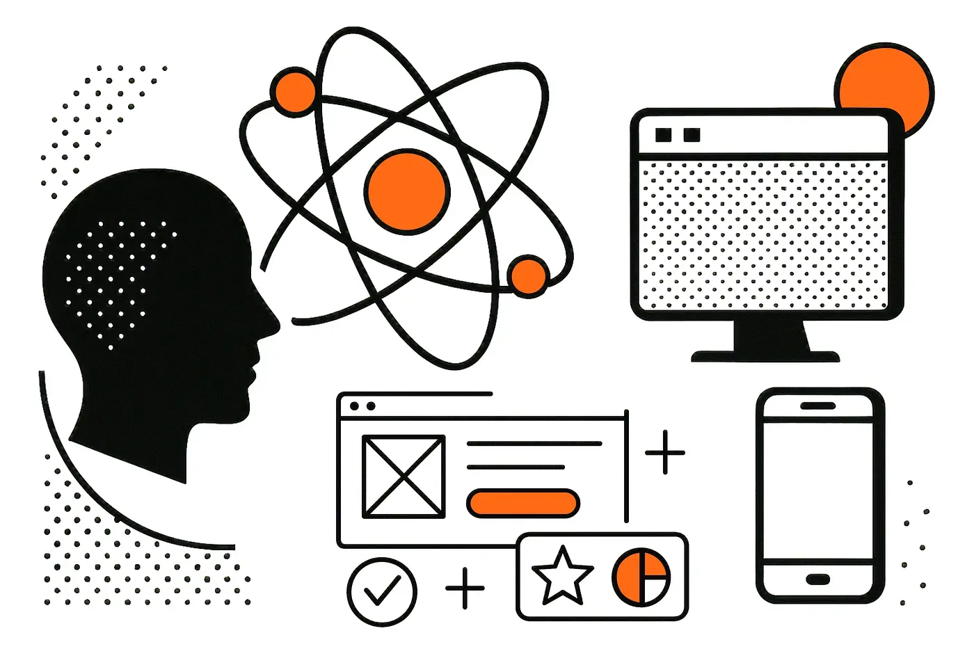 Abstract illustration in pop art style with a human head, atoms and user interface elements.
